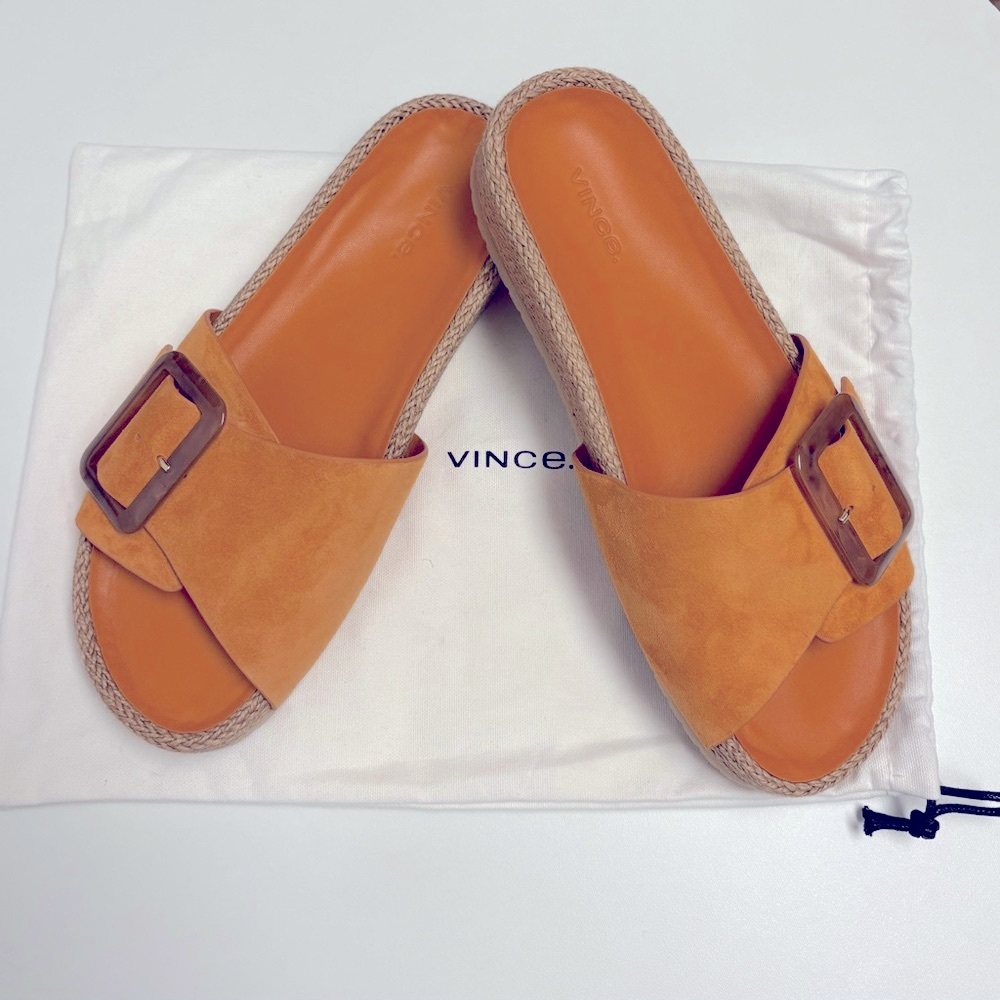 VINCE Grant Suede Buckle Slide Sandals – Orange Suede – NWOT – Size 9 (Fits 9.5) - Picture 3 of 11